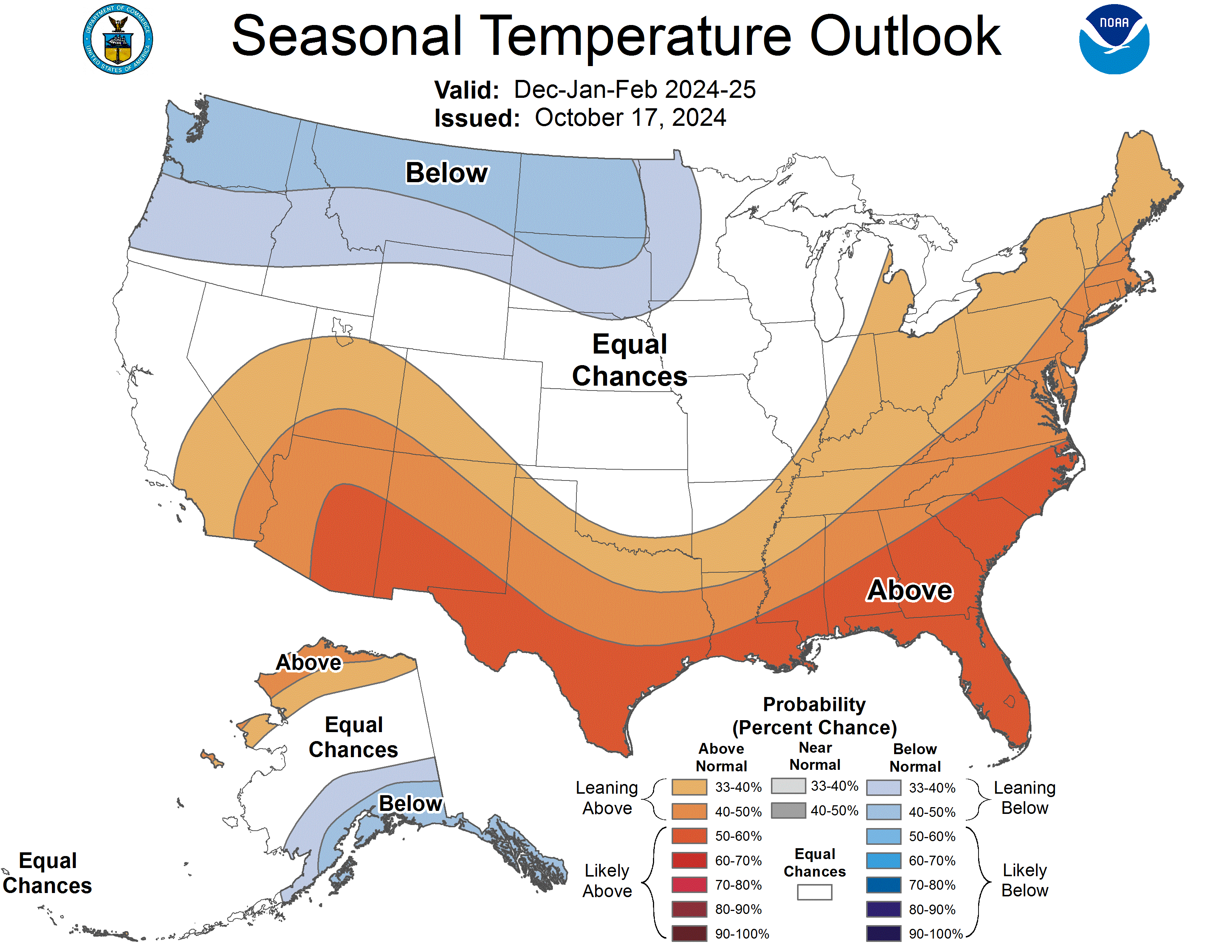 A map showing the 2024-25 winter temperature outlook for the United States — above average temperatures are expected in Boston, Massachusetts, and the rest of New England.