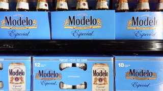 Packages of Modelo Especial beer are displayed for sale in a grocery store on June 14, 2023 in Los Angeles, California. 