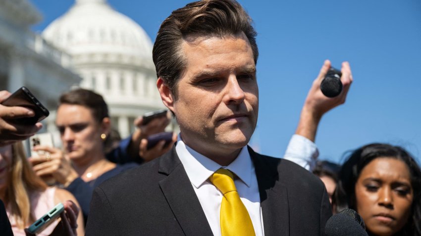 US Representative Matt Gaetz (R-FL) speaks to members of the media after speaking on the House floor about a possible Motion to Vacate to oust US Speaker of the House Kevin McCarthy, outside the US Capitol in Washington, DC, on October 2, 2023.