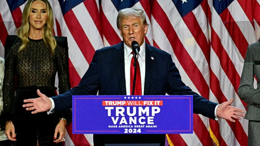 Former U.S. President and Republican presidential candidate Donald Trump speaks during an election night event at the West Palm Beach Convention Center on Nov. 6, 2024.