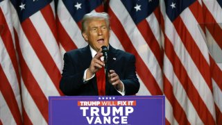 President-elect Donald Trump speaks during an election night event at the Palm Beach Convention Center on November 06, 2024 in West Palm Beach, Florida.