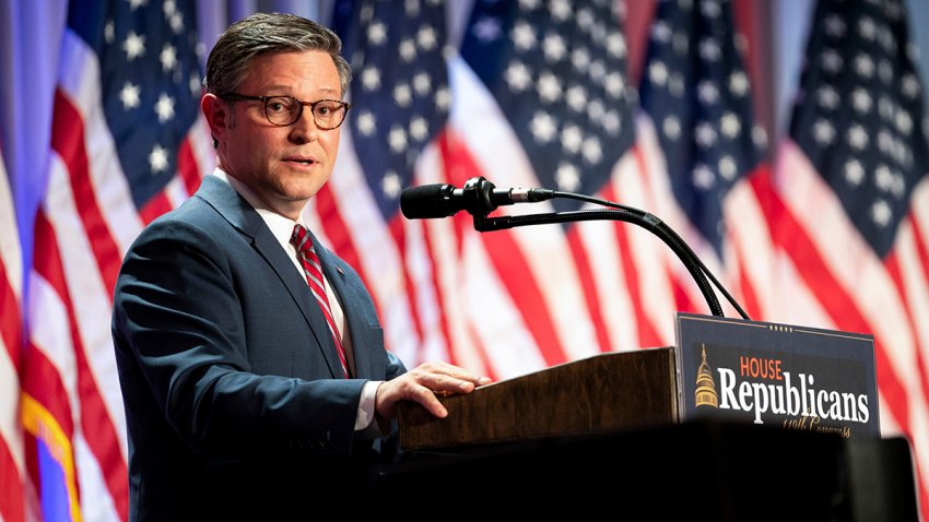 Speaker Mike Johnson at the House Republican conference meeting in Washington, Nov. 13, 2024.