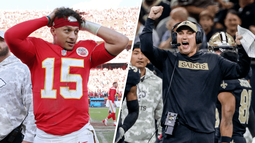 Split image of Patrick Mahomes and Darren RIzzi