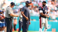 Patriots offensive coordinator Alex Van Pelt, head coach Jerod Mayo and quarterback Jacoby Brissett