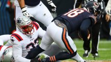 Patriots linebacker Anfernee Jennings and Bears quarterback Caleb Williams