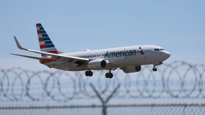 An American Airlines plane prepares to land at the Miami International Airport on May 02, 2023 in Miami, Florida.