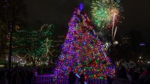 Boston, MA - December 31: Fireworks explode over Boston's Christmas tree during the 40th Annual First Night Boston festivities on the Boston Common. (Photo by Matthew J. Lee/The Boston Globe via Getty Images)