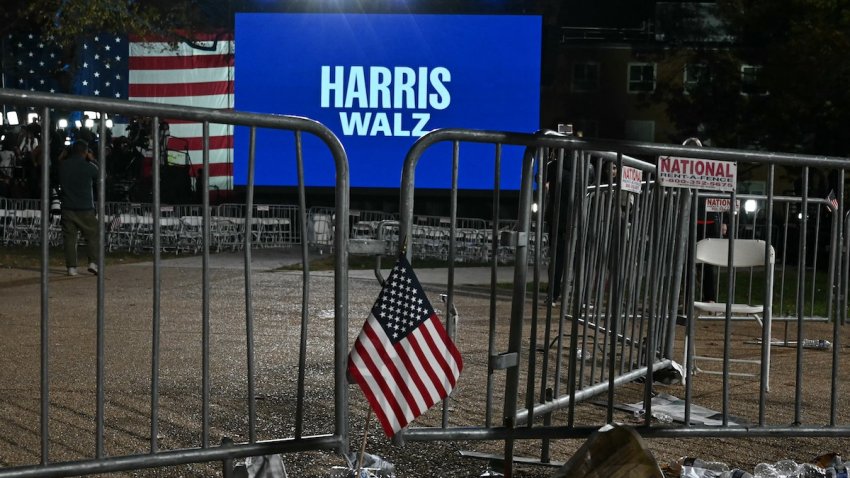 US flags are seen on the ground as people left the election night event for US Vice President and Democratic presidential candidate Kamala Harris at Howard University in Washington, DC, on Nov. 6, 2024.