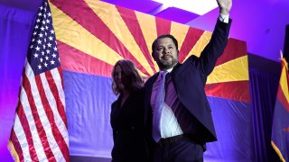 File Arizona Democratic U.S. Senate candidate, Rep. Ruben Gallego (D-AZ) walks offstage with wife Sydney after speaking at an Arizona Democratic election night watch party on November 5, 2024 in Phoenix, Arizona. Americans cast their ballots today in the presidential race between Republican nominee former President Donald Trump and Democratic nominee Vice President Kamala Harris, as well as multiple state elections that will determine the balance of power in Congress.