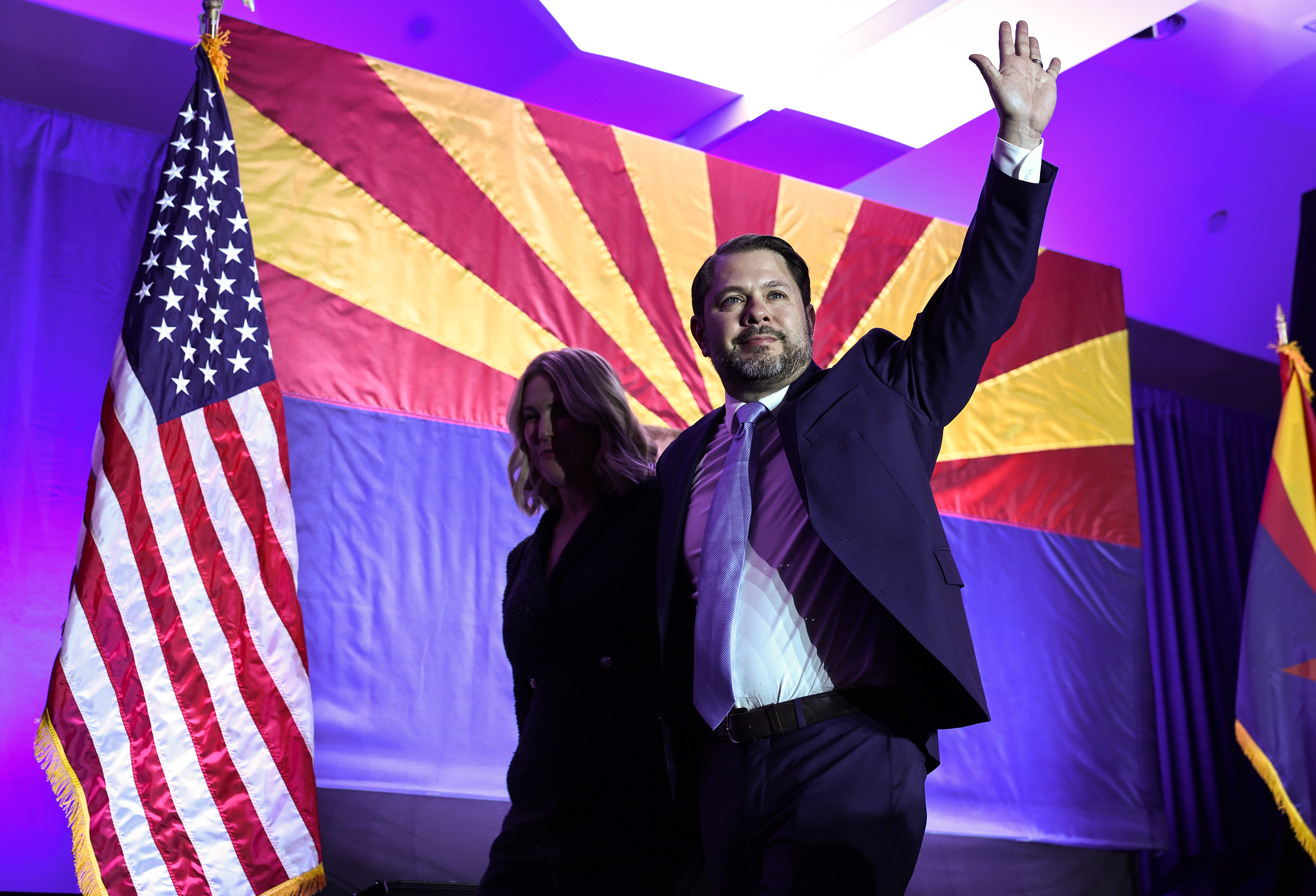 PHOENIX, ARIZONA – NOVEMBER 05: Arizona Democratic U.S. Senate candidate, Rep. Ruben Gallego (D-AZ) walks offstage with wife Sydney after speaking at an Arizona Democratic election night watch party on November 5, 2024 in Phoenix, Arizona. Americans cast their ballots today in the presidential race between Republican nominee former President Donald Trump and Democratic nominee Vice President Kamala Harris, as well as multiple state elections that will determine the balance of power in Congress. (Photo by Mario Tama/Getty Images)