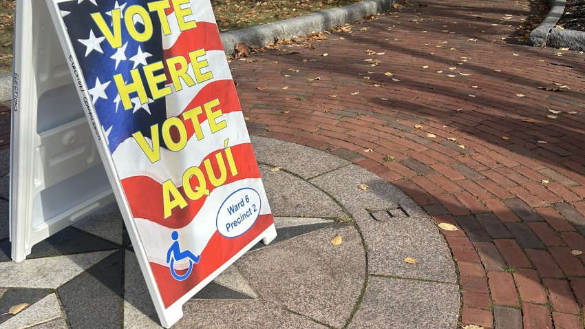 Vote here sign at a polling location in Everett, Massachusetts.