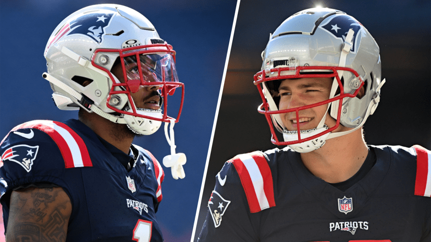 Patriots wide receiver Ja'Lynn Polk and quarterback Drake Maye