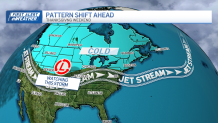 A graphic showing a cold pattern settling over the northern U.S. and Canada for Thanksgiving weekend 2024, with a low pressure system that could bring snow to Massachusetts and New England.