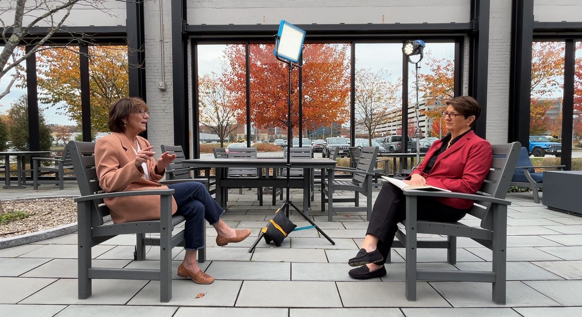 Joan Vennochi speaking to NBC10 Boston's Sue O'Connell at the Boston Media Center