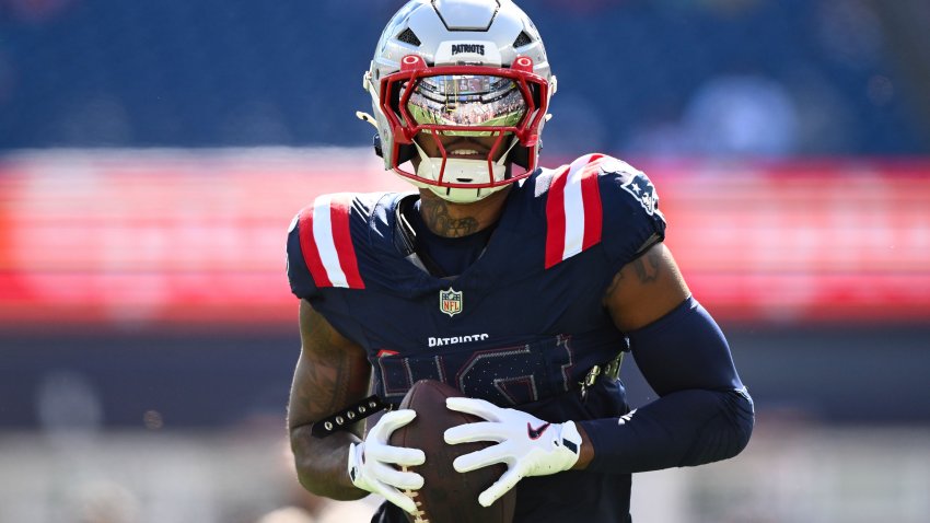 Oct 6, 2024; Foxborough, Massachusetts, USA;  New England Patriots wide receiver Kendrick Bourne (84) runs with the ball before a game against the Miami Dolphins at Gillette Stadium. Mandatory Credit: Brian Fluharty-Imagn Images