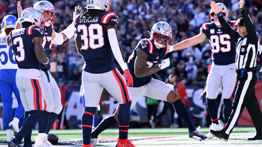 Nov 17, 2024; Foxborough, Massachusetts, USA; New England Patriots wide receiver Kendrick Bourne (84) celebrates after scoring a touchdown against the Los Angeles Rams during the first half at Gillette Stadium. Mandatory Credit: Brian Fluharty-Imagn Images