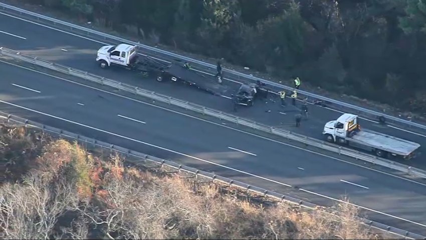 A crashed car on Route 128 in Gloucester, Massachusetts, on Friday, Nov. 15, 2024.