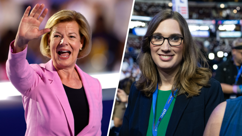 A split image of Tammy Baldwin, left, and Sarah McBride, right.