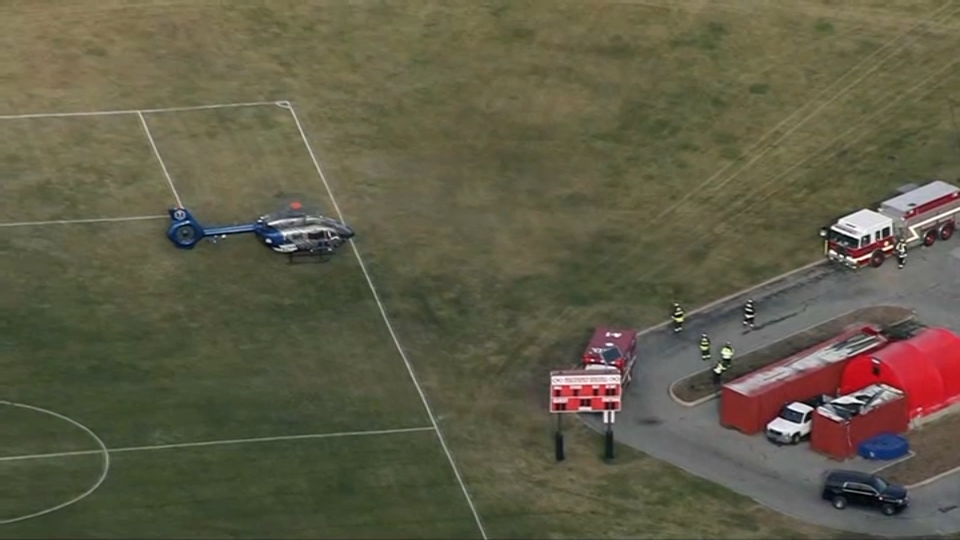 A medical helicopter at a school athletic field in Boxford, Massachusetts, Wednesday, Nov. 27, 2024.