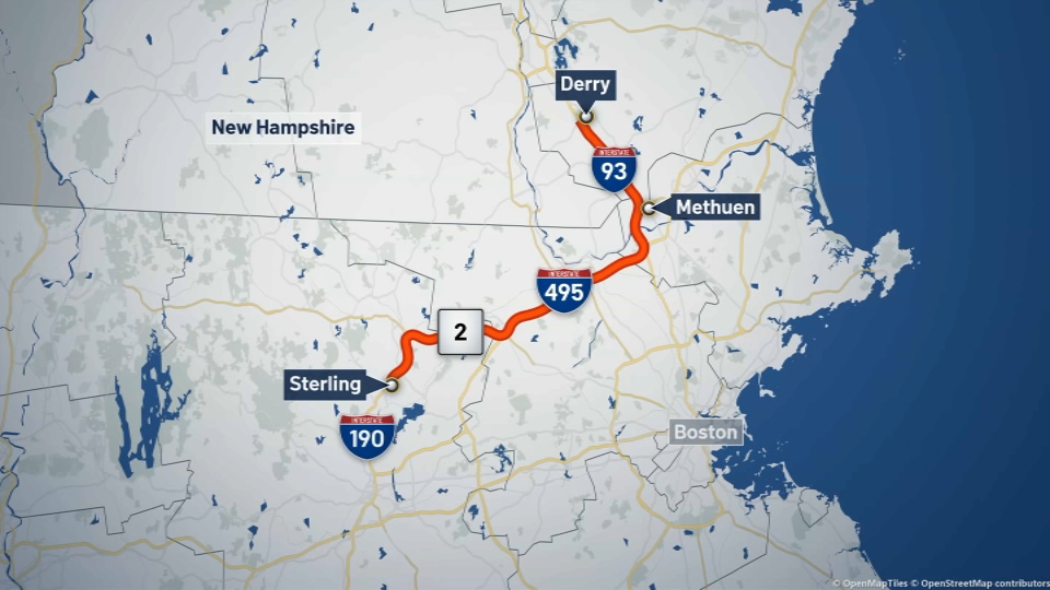 A map showing the route a stolen SUV took during a police chase Monday, Nov. 25, 2024. It started in Derry, New Hampshire and traveled into Massachusetts, going through Methuen and into Sterling. 