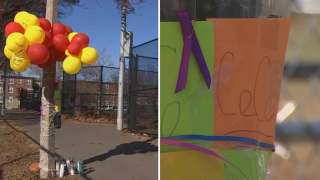 Balloons and a sign left at Ramsay Park in Boston on Monday, Nov. 18, 2024, in memory of Celia Simmons, who was fatally stabbed there two days earlier.