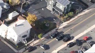 Police outside of the Satanic Temple in Salem, Massachusetts, investigating a bomb threat on Monday, Nov. 11, 2024.