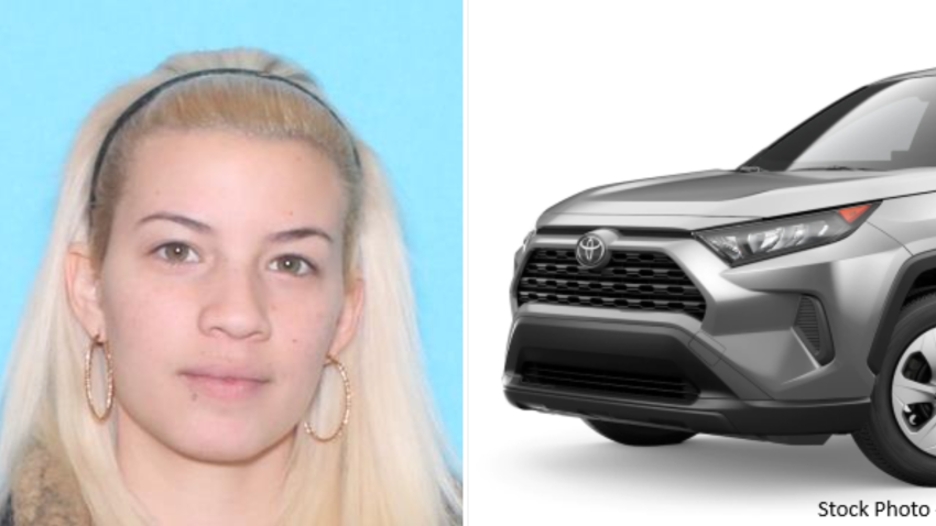 An image of Ashley Vazquez, left, and a stock image of the SUV she's suspected of taking three children in.