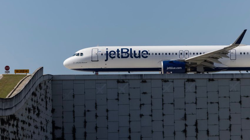 A JetBlue Airways plane prepares to take off from the Fort Lauderdale-Hollywood International Airport on January 31, 2024 in Fort Lauderdale, Florida.