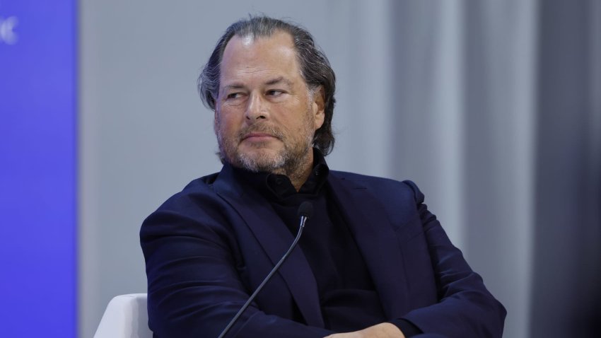 Marc Benioff, CEO of Salesforce, appears on a panel at the World Economic Forum in Davos, Switzerland, on Jan. 18, 2024.