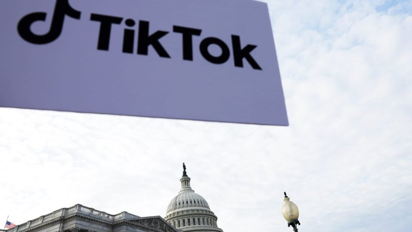 A supporter holds up a sign that read “TikTok” during a news conference on TikTok in front of the U.S. Capitol in Washington, D.C., on March 22, 2023.