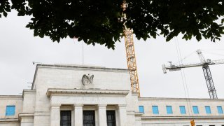 Construction work is done around the Federal Reserve building on September 17, 2024 in Washington, DC. 