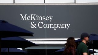 The McKinsey & Company logo is displayed at the 54th International Paris Airshow at Le Bourget Airport near Paris, France, on June 21, 2023.