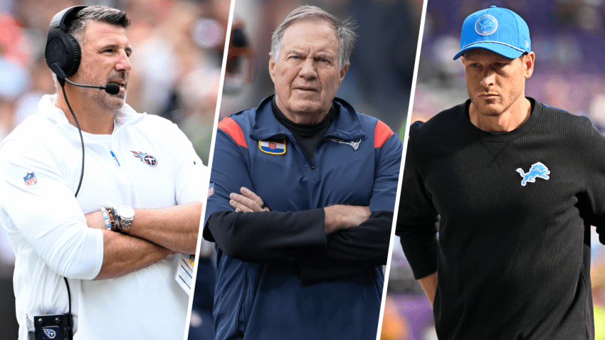 Split image of Mike Vrabel, Bill Belichick and Ben Johnson