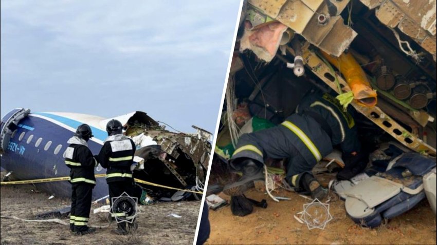 A view of the crash site where an Azerbaijan Airlines flight with 67 people on board, traveling from the Azerbaijani capital Baku to Grozny in Russia's Chechnya region, crashed near the Kazakh Caspian city of Aktau on December 25, 2024 the Kazakh Emergency Ministry said, adding that there were 32 survivors. (Photo by Emergency Situations of Kazakhstan/Anadolu via Getty Images)