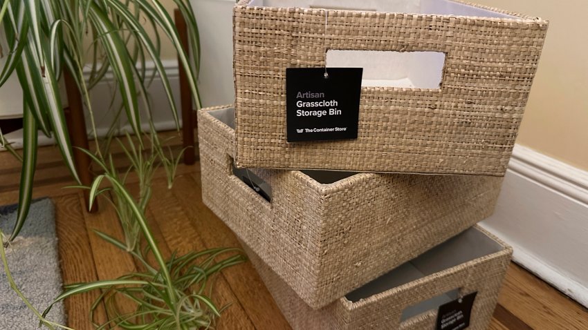 FILE – Storage bins from the Container Store are shown on Dec.13, 2024 in New York.