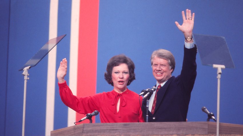 Jimmy Carter and his wife Rosalynn wave to the crowd at the 1972 Convention, having been nominated at the Presidential candidate on July 15, 1976 in New York.