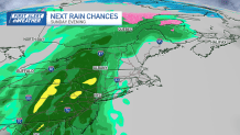 A map showing rain chances across the U.S. Northeast on the evening of Sunday, Dec. 29, 2024. Most of western and northern New England can expect rain.