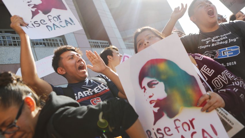 LOS ANGELES, CALIFORNIA – NOVEMBER 12: Students and supporters rally in support of DACA recipients on the day the Supreme Court hears arguments in the Deferred Action for Childhood Arrivals (DACA) case on November 12, 2019 in Los Angeles, California. Hundreds of students walked out of their schools to protest and rally in defense of DACA and immigrant rights.