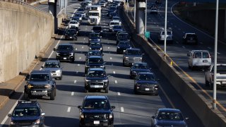 Newton, MA – November 27: Traffic was beginning to bunch up on the Massachusetts Turnpike the day before Thanksgiving. (Photo by Jessica Rinaldi/The Boston Globe via Getty Images)