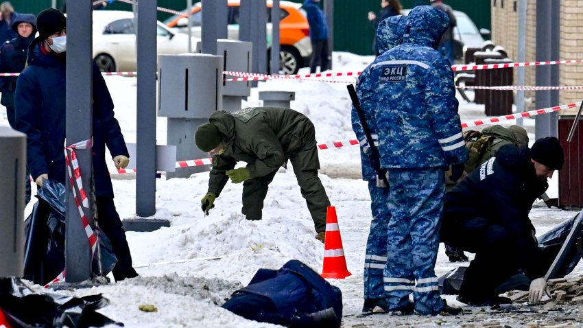 File. A view of the scene after Lt. Gen. Igor Kirillov, chief of Russia’s Radiation, Chemical and Biological Protection Defense Troops, and his assistant were killed in an explosion in Moscow, Russia on December 17, 2024. The blast was caused by an explosive device planted in an electric scooter, Svetlana Petrenko, spokesperson for the Russian Investigative Committee, said in a video statement on Telegram.