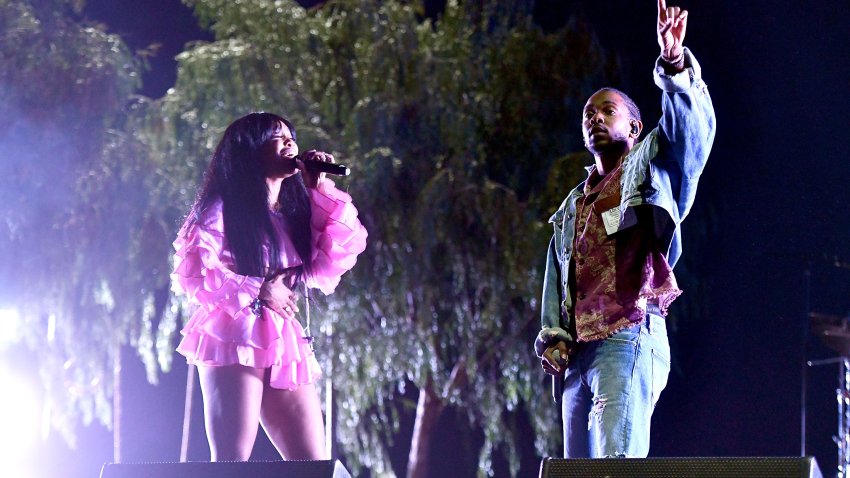 INDIO, CA – APRIL 13:  Rappers SZA (L) and Kendrick Lamar (R) perform on the Coachella stage during week 1, day 1 of the Coachella  Valley Music And Arts Festival on April 13, 2018 in Indio, California.  (Photo by Scott Dudelson/Getty Images for Coachella  )