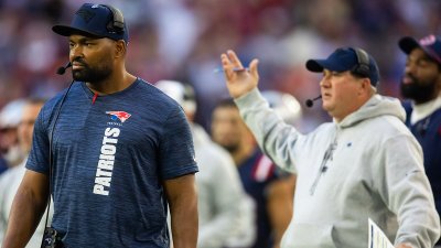 Patriots head coach Jerod Mayo and offensive coordinator Alex Van Pelt