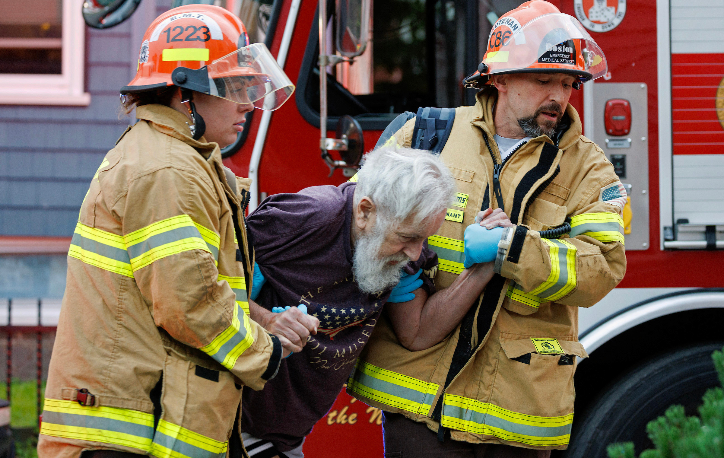 June 12, 2024: Boston EMS cares for one of two people rescued from a Dorchester fire on Carson Street.