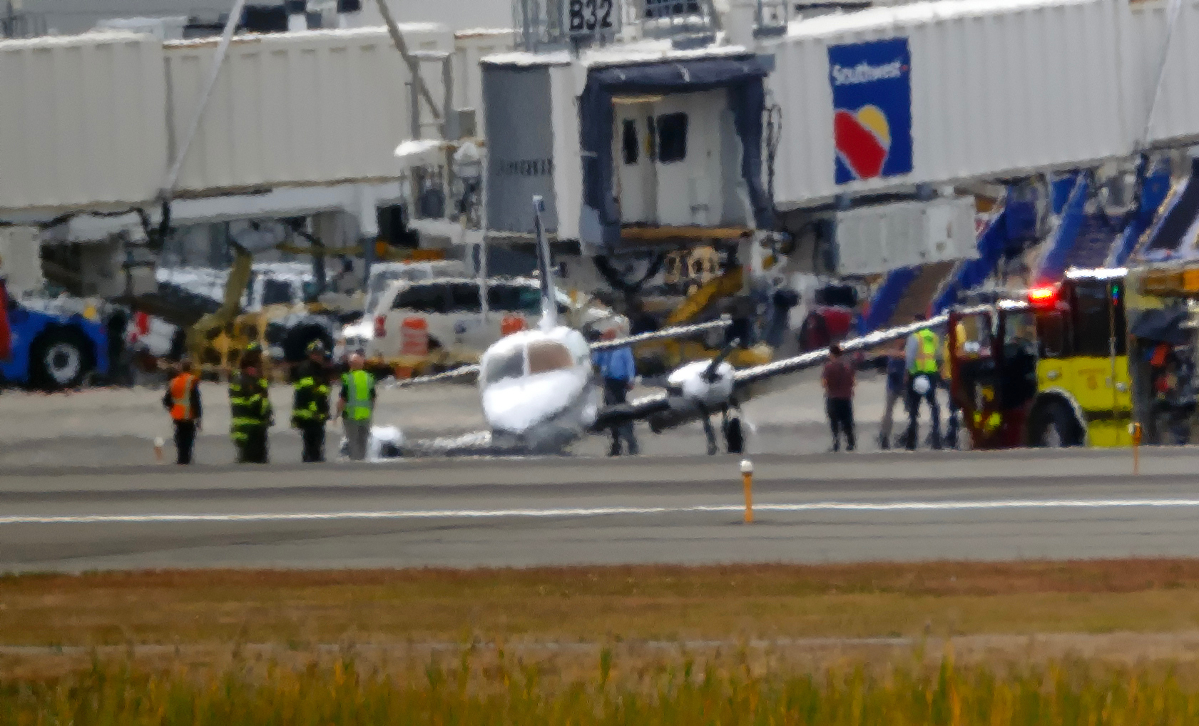 Sept. 17, 2024: A Cape Air Cessna 402 with one landing gear stuck in the up position approaches and then lands at Boston’s Logan airport. No one was hurt.