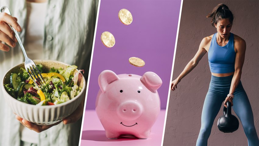 Photos of: person holding a salad, piggybank with money, woman lifting weights