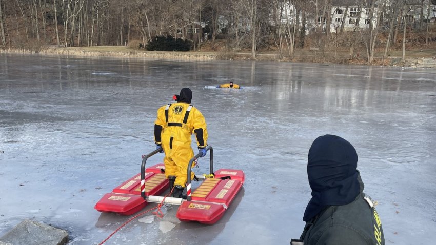 An image shared by the Arlington, Massachusetts, Fire Department, apparently of a training, as they announced a rescue on Arlington Reservoir Monday, Dec. 23, 2024.