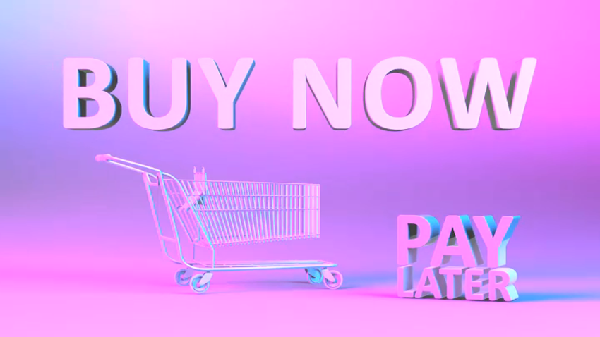 A graphic that says, "BUY NOW, PAY LATER" next to a shopping cart.