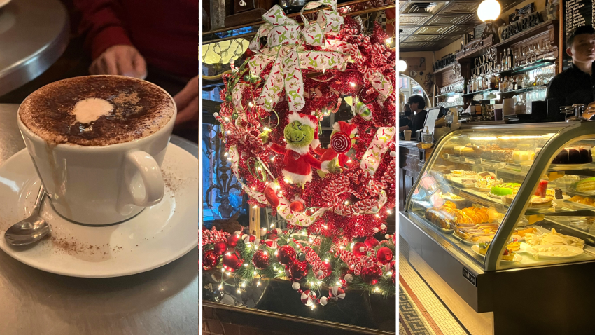 A coffee, decoration and the pastry counter at Caffé Vittoria, a legendary cafe in Boston's North End.