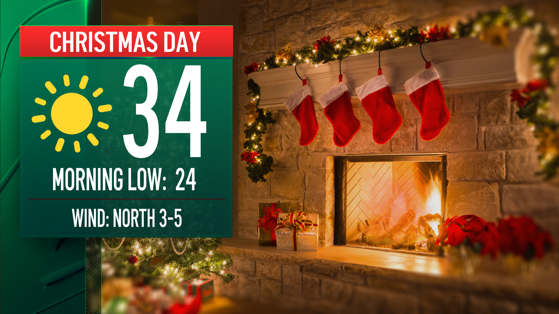 A graphic showing that temperatures will reach 34 degrees in Boston on Christmas Day 2024.