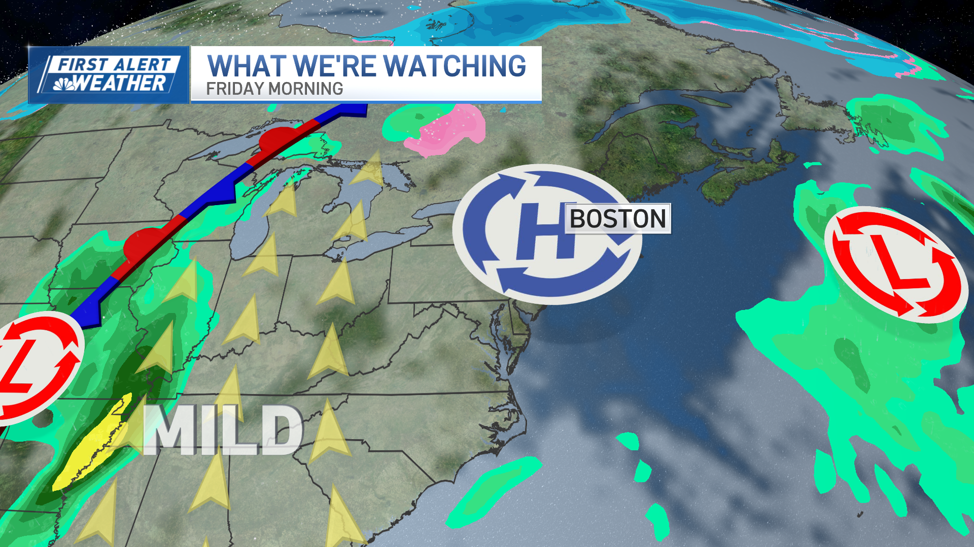 A map showing a high pressure system over Boston and the Northeast on Friday, Dec. 27, 2024.